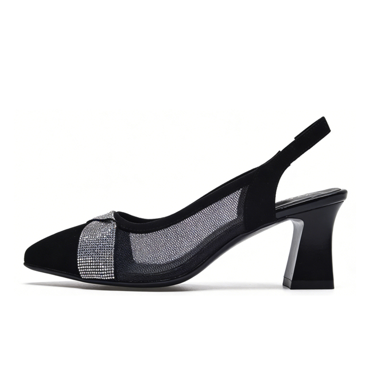Healthy-foot حذاء نسائي أسود شبكي بكعب عالٍ، كعب مربع بارتفاع 3 سم، مزين بالأحجار اللامعة على مقدمة الحذاء، يتميز بالأناقة والفخامة، مناسب للمكتب أو الارتداء اليومي