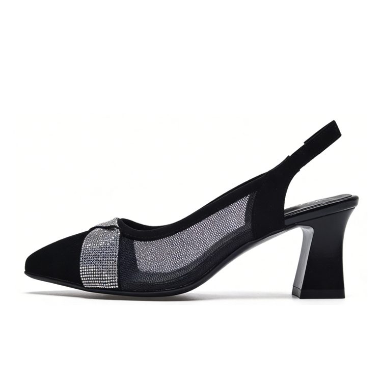 Healthy-foot حذاء نسائي أسود شبكي بكعب عالٍ، كعب مربع بارتفاع 3 سم، مزين بالأحجار اللامعة على مقدمة الحذاء، يتميز بالأناقة والفخامة، مناسب للمكتب أو الارتداء اليومي