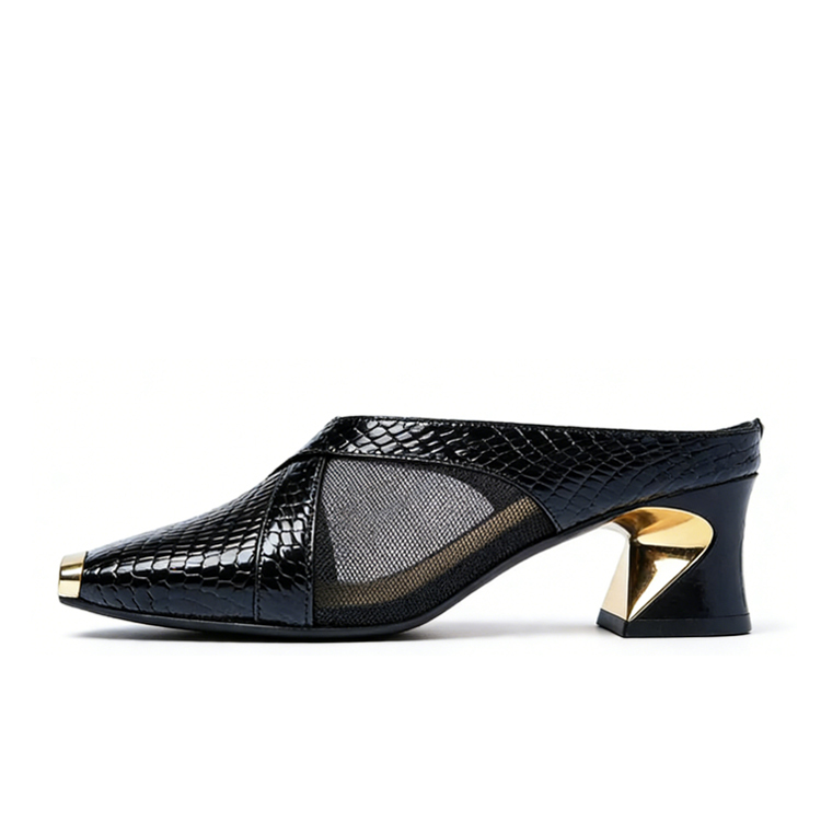 Healthy-foot حذاء عالي بكعب 5 سم بتصميم رأس ثعبان مع إكسسوار معدني أنيق، يطيل الساقين بأناقة ويناسب جميع الإطلالات