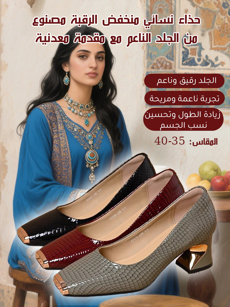 حذاء نسائي منخفض الرقبة مصنوع من الجلد الناعم مع مقدمة معدنية