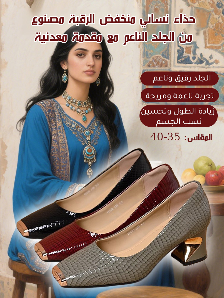 حذاء نسائي منخفض الرقبة مصنوع من الجلد الناعم مع مقدمة معدنية