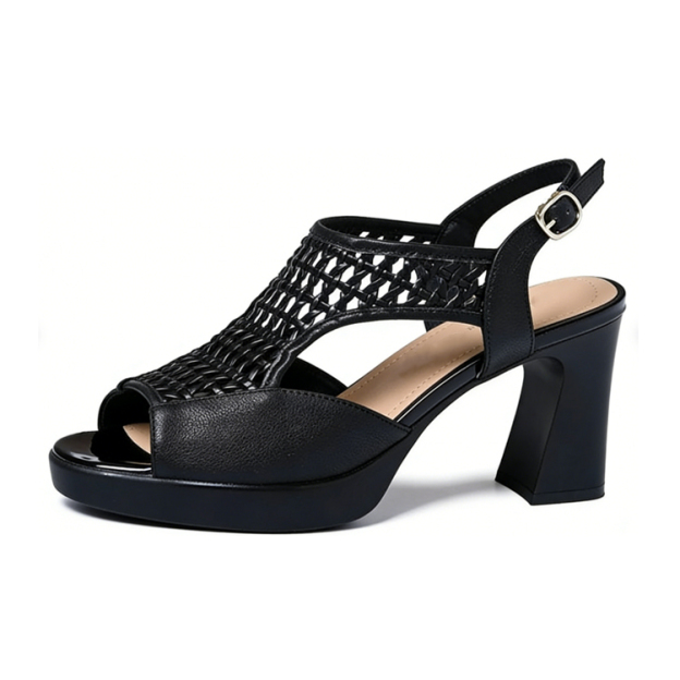 Healthy-foot  حذاء نسائي من الجلد الطبيعي مفتوح المقدمة منسوج باللون الأسود، كعب بارتفاع 7 سم، يعزز أناقتك وحضورك الجذاب