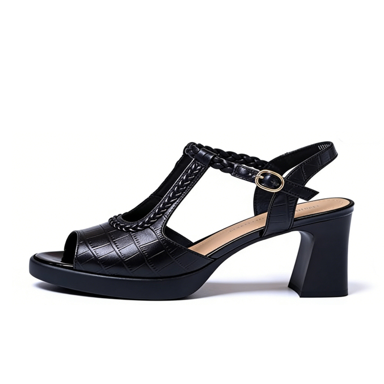 Healthy-foot  حذاء نسائي أنيق باللون الأسود، كعب بارتفاع 9 سم، تصميم مفتوح عند أصابع القدم يمنح المزيد من الحرية، أسلوب بسيط يبرز أناقة المرأة، نعل ناعم مناسب للحفلات والمواعدة اليومية