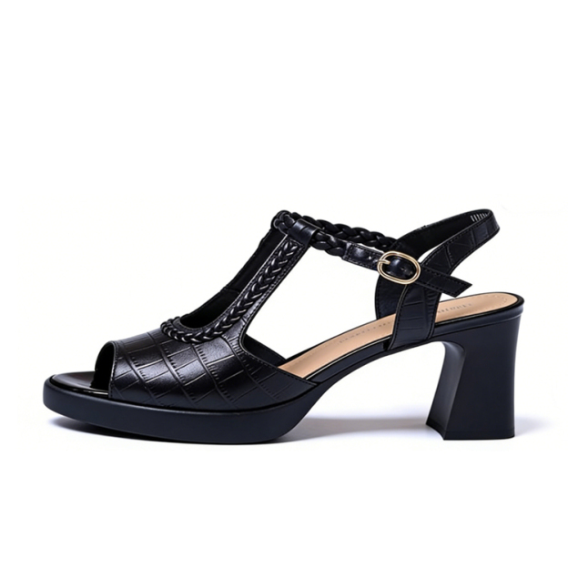 Healthy-foot  حذاء نسائي أنيق باللون الأسود، كعب بارتفاع 9 سم، تصميم مفتوح عند أصابع القدم يمنح المزيد من الحرية، أسلوب بسيط يبرز أناقة المرأة، نعل ناعم مناسب للحفلات والمواعدة اليومية