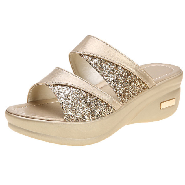 Healthy-foot صندل جديد للسيدات مع كعب مرتفع 5 سم مزين بالترتر، يعزز خط الساق ويجعلها تبدو أنحف، ونعل مريح للغاية مناسب للخروج-healthy-foot