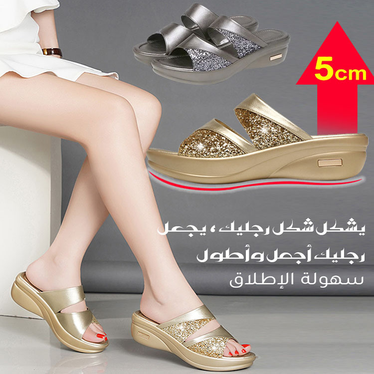 Healthy-foot صندل جديد للسيدات مع كعب مرتفع 5 سم مزين بالترتر، يعزز خط الساق ويجعلها تبدو أنحف، ونعل مريح للغاية مناسب للخروج-healthy-foot