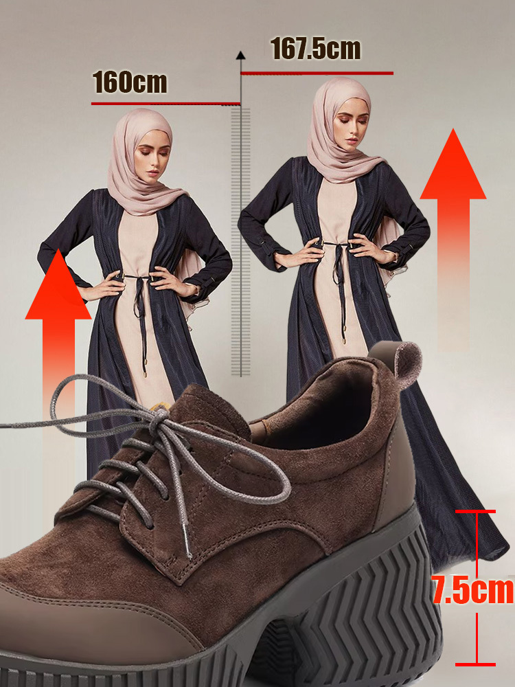 【زيادة 7.5 سم】 حذاء بكعب سميك وعلوي من الجلد غير اللامع لزيادة الطول