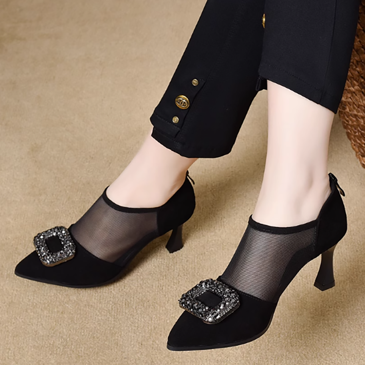 Healthy-foot حذاء كعب عالٍ أسود للسيدات، مزخرف بلمسات فاخرة من الأحجار المربعة المرصعة، مثالي للعمل اليومي والحفلات المسائية-healthy-foot