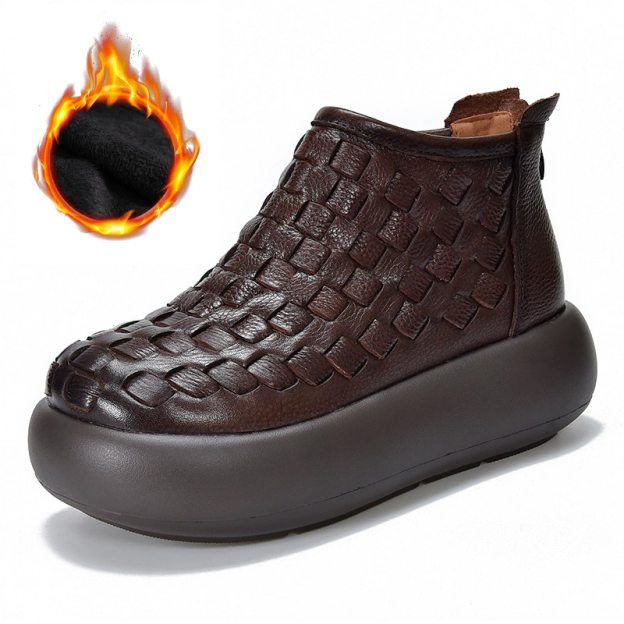 Healthy-foot حذاء بوت جلدي معتق بطول الكاحل وكعب عالٍ ومقدمة كلاسيكية مستديرة-healthy-foot