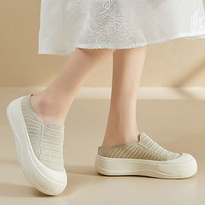 Healthy-foot صندل نسائي مريح وقابل للتنفس، مصنوع من القماش المحبوك، كعب منخفض، مقدمة مستديرة، نعل ناعم وسميك، مثالي للارتداء اليومي-healthy-foot