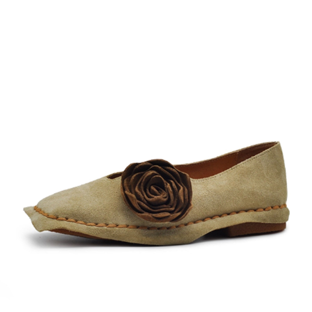 Healthy-foot [تصميم فرنسي كلاسيكي] حذاء نسائي جلدي مصنوع يدويًا بمقدمة مربعة مزين بزهرة الكاميليا-healthy-foot