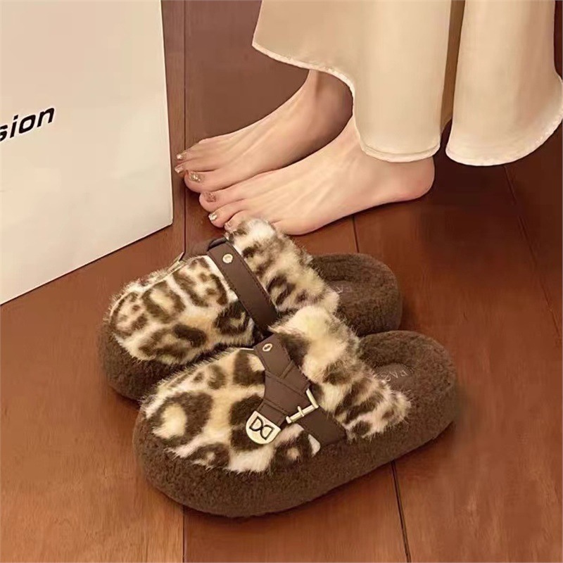 Healthy-foot شبشب دافئ مزين بنقش جلد الفهد بنعل ناعم من مجموعة الخريف والشتاء