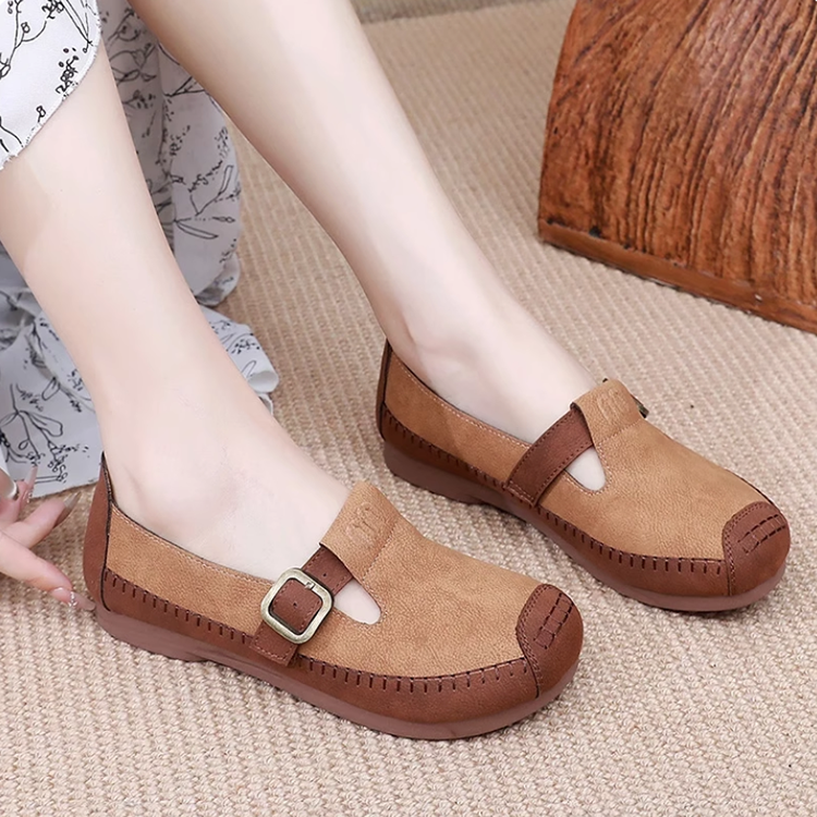 Healthy-foot  حذاء مسطح كاجوال نسائي من الجلد الطبيعي، بتصميم عتيق، نعل ناعم ومريح، مريح للوقوف لفترات طويلة، تصميم متعدد الاستخدامات-healthy-foot