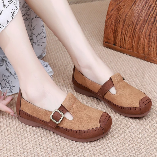 Healthy-foot  حذاء مسطح كاجوال نسائي من الجلد الطبيعي، بتصميم عتيق، نعل ناعم ومريح، مريح للوقوف لفترات طويلة، تصميم متعدد الاستخدامات-healthy-foot