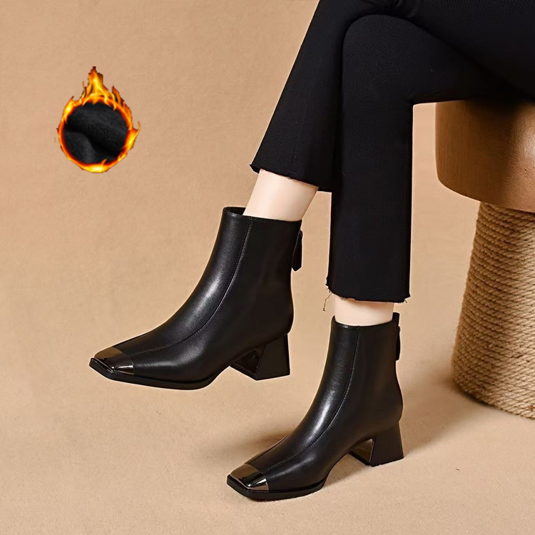 Healthy-foot حذاء كاحل نسائي عصري من الجلد الطبيعي، كعب عالي 6 سم، مقدمة مربعة معدنية، يطيل القدمين بصريًا ويجعلها أنحف، متعدد الاستخدامات وأنيق-healthy-foot