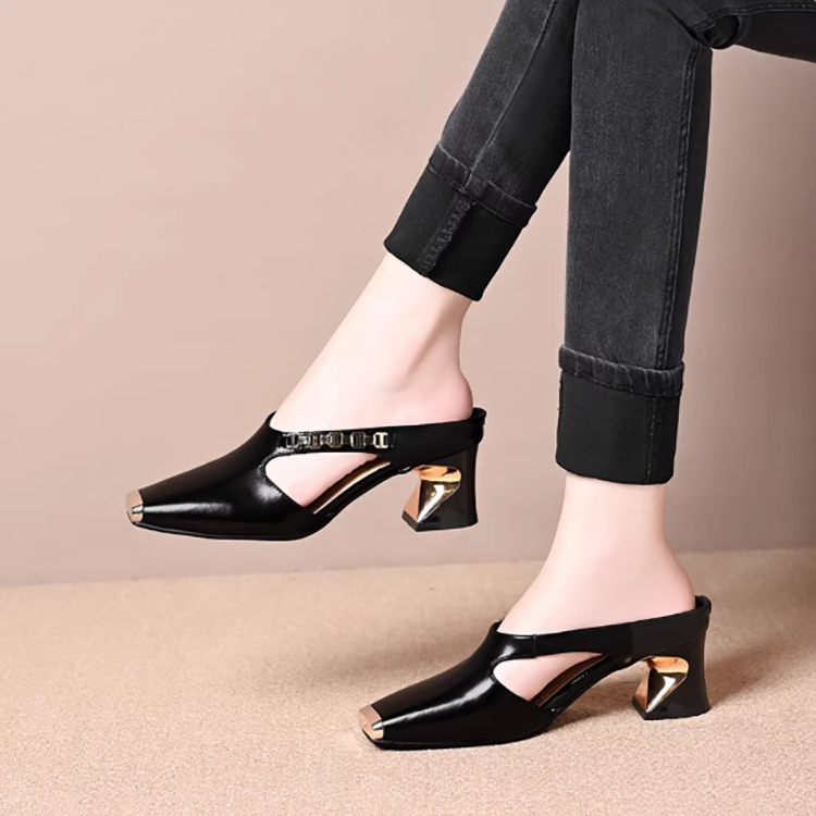 Healthy-foot حذاء نسائي فرنسي الصنع ذو مقدمة مربعة وكعب مفتوح من الجلد اللامع وكعب عالٍ 5 سم، تصميم مقدمة معدنية، بسيط وأنيق، مناسب أكثر للخروجات اليومية أو ارتداء المكتب-healthy-foot