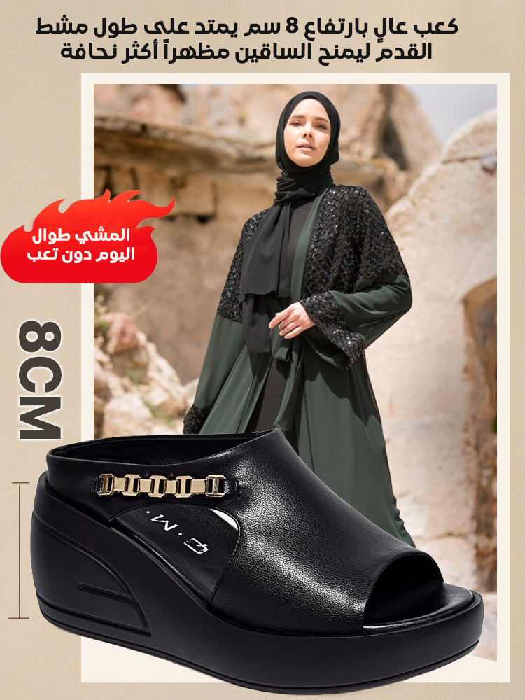 صندل نسائي بكعب سميك 8 سم مصنوع من الجلد الطبيعي مع سلسلة معدنية-healthy-foot