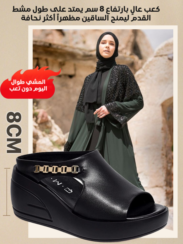 صندل نسائي بكعب سميك 8 سم مصنوع من الجلد الطبيعي مع سلسلة معدنية-healthy-foot