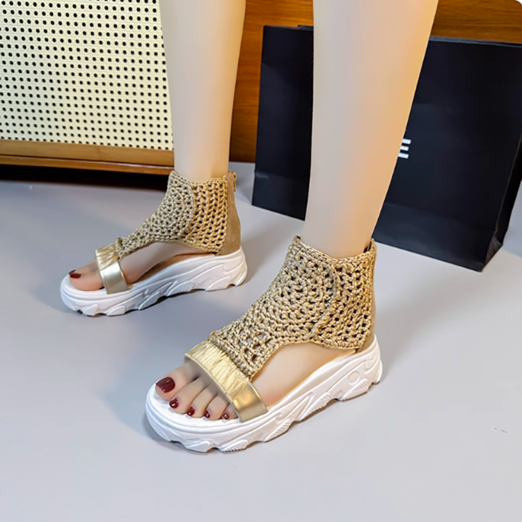 Healthy-foot صندل نسائي مضفر بكعب سميك ومفتوح من الأمام، كعب بارتفاع 5 سم، مريح وخفيف، يضيف لمسة كلاسيكية لإطلالتك-healthy-foot