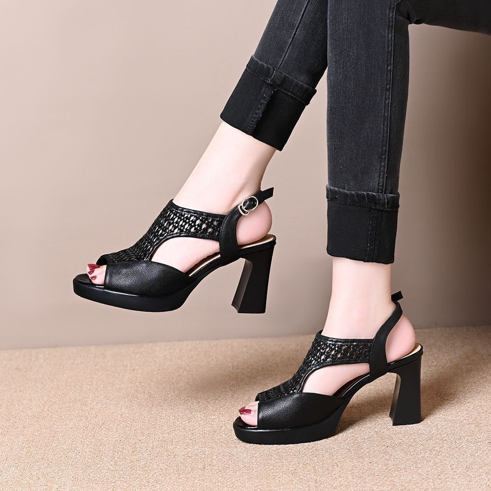 Healthy-foot  حذاء نسائي من الجلد الطبيعي مفتوح المقدمة منسوج باللون الأسود، كعب بارتفاع 7 سم، يعزز أناقتك وحضورك الجذاب-healthy-foot