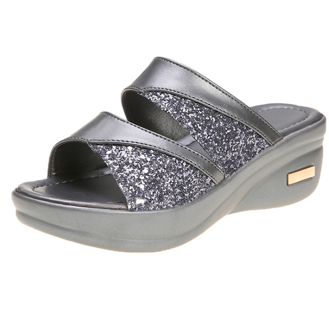 Healthy-foot صندل جديد للسيدات مع كعب مرتفع 5 سم مزين بالترتر، يعزز خط الساق ويجعلها تبدو أنحف، ونعل مريح للغاية مناسب للخروج-healthy-foot