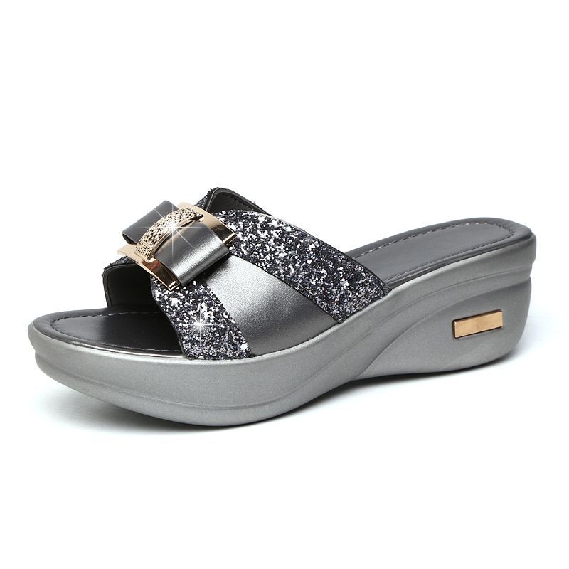 Healthy-foot شبشب أنيق مزين بترتر براق وزينة على شكل فيونكة بكعب ويدج