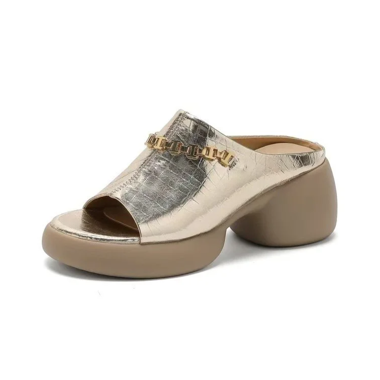 Healthy-foot صندل نسائي مفتوح المقدمة بكعب سميك 7 سم، بتصميم لامع مناسب للارتداء اليومي-healthy-foot