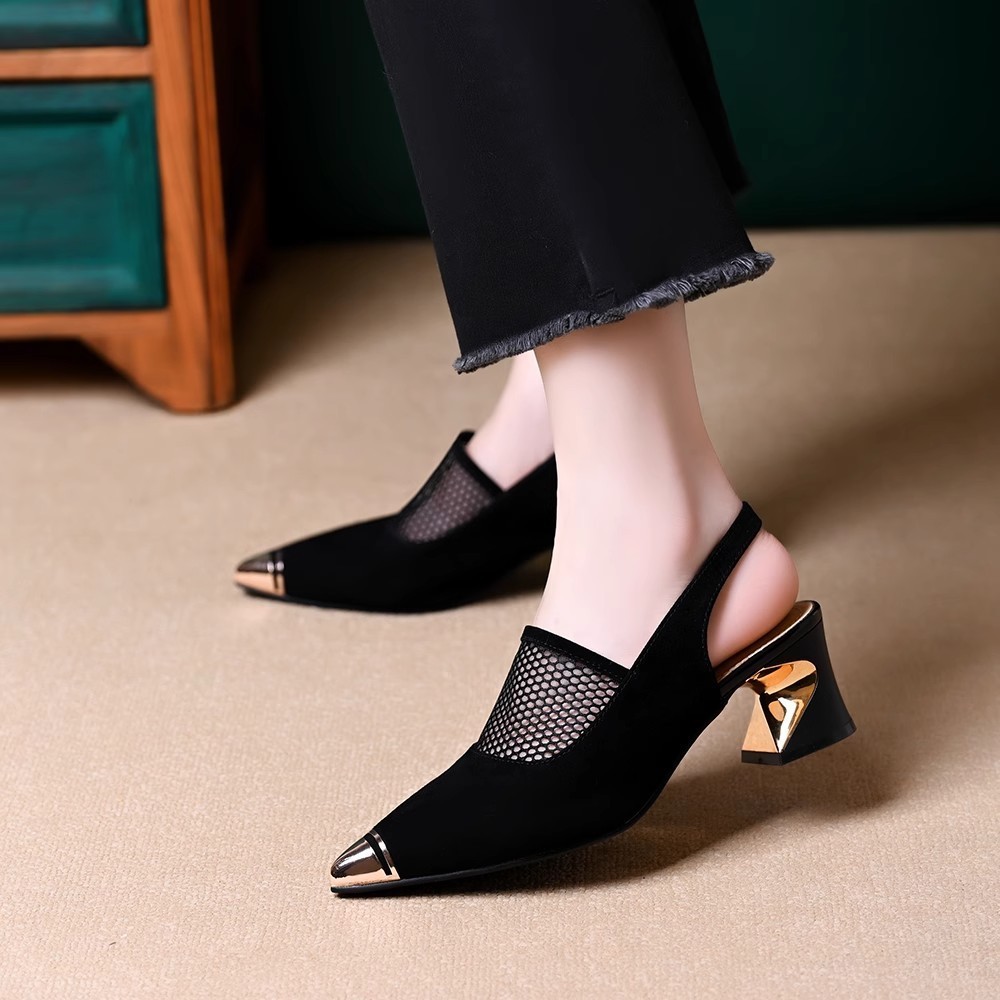 Healthy-foot حذاء راقي من جلد وقماش شبكي بكعب عالٍ ومقدمة مدببة مغطاة بلون ذهبي(توفير راحة لا مثيل لها)-healthy-foot