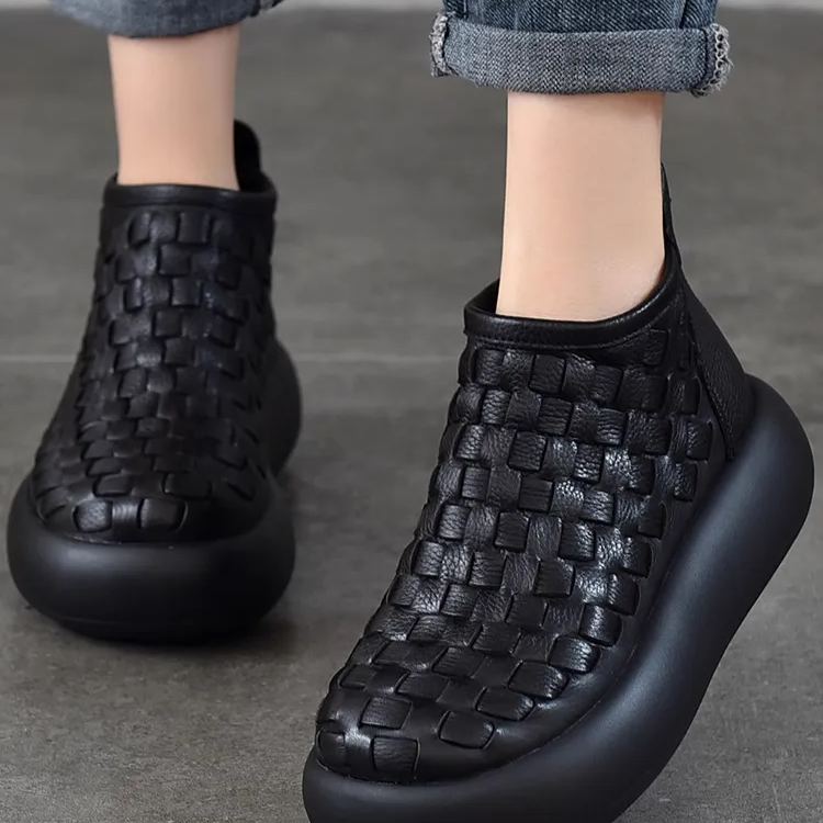 Healthy-foot حذاء بوت جلدي معتق بطول الكاحل وكعب عالٍ ومقدمة كلاسيكية مستديرة-healthy-foot