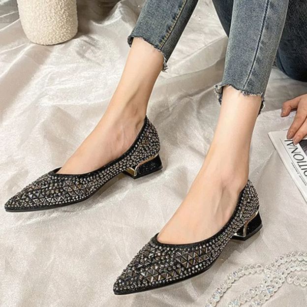 Healthy-foot حذاء كعب عالٍ بتصميم فرنسي بمقدمة مدببة، مرصع بالأحجار اللامعة بشكل فاخر، أناقة بسيطة، مثالي للعمل المكتبي أو الحفلات المسائية-healthy-foot