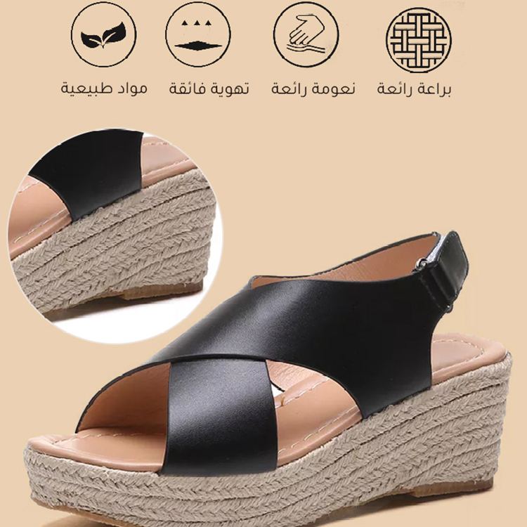 Healthy-foot صندل راقي إيطالي مع كعب ويدج من الخوص المجدول بارتفاع 6 سم للنساء-healthy-foot