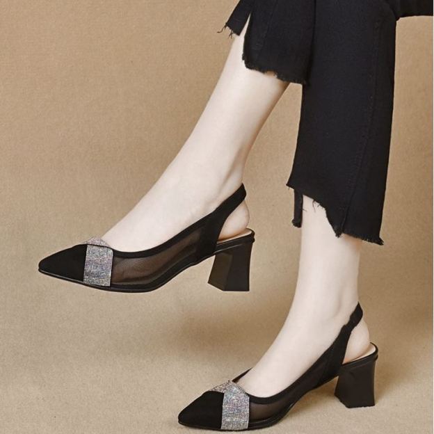 Healthy-foot حذاء نسائي أسود شبكي بكعب عالٍ، كعب مربع بارتفاع 3 سم، مزين بالأحجار اللامعة على مقدمة الحذاء، يتميز بالأناقة والفخامة، مناسب للمكتب أو الارتداء اليومي-healthy-foot