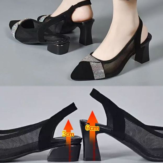 Healthy-foot حذاء نسائي أسود شبكي بكعب عالٍ، كعب مربع بارتفاع 3 سم، مزين بالأحجار اللامعة على مقدمة الحذاء، يتميز بالأناقة والفخامة، مناسب للمكتب أو الارتداء اليومي-healthy-foot