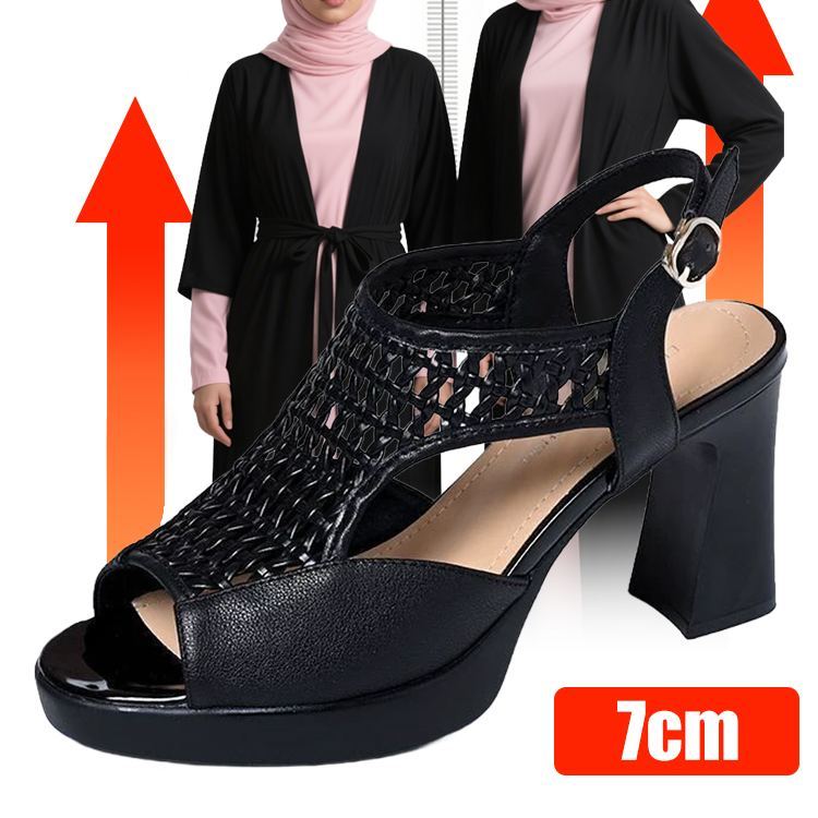 Healthy-foot  حذاء نسائي من الجلد الطبيعي مفتوح المقدمة منسوج باللون الأسود، كعب بارتفاع 7 سم، يعزز أناقتك وحضورك الجذاب-healthy-foot