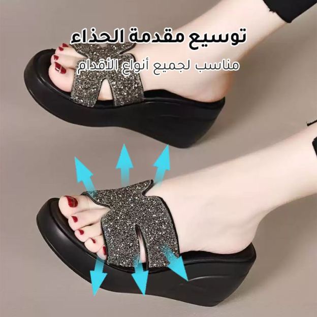 Healthy-foot صندل أسود مزخرف بأحجار لامعة، بكعب مائل بارتفاع 6 سم، ناعم ومريح، مثالي للارتداء اليومي  للنساء -healthy-foot