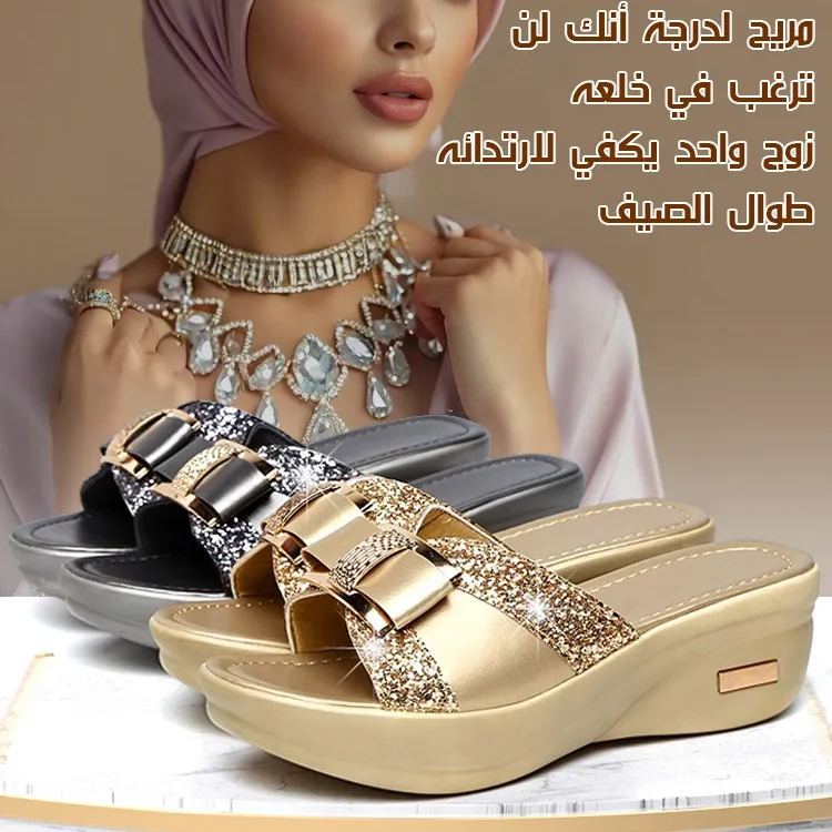 Healthy-foot شبشب أنيق مزين بترتر براق وزينة على شكل فيونكة بكعب ويدج