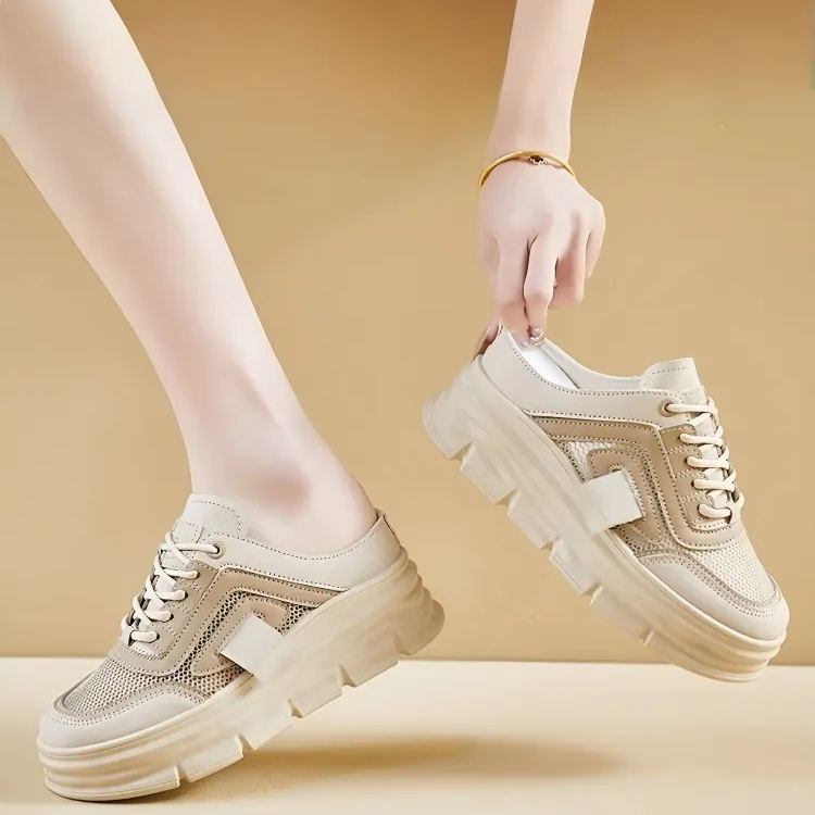 Healthy-foot   حذاء رياضي نسائي مفتوح من الخلف للتهوية وزيادة الارتفاع، سهل الارتداء والخلع، مناسب لكل المناسبات، كعب بارتفاع 5 سم يطيل خط الساق ويجعلها تبدو أنحف-healthy-foot