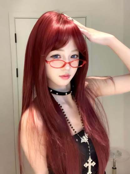 Red Wine 🍷 Long Straight Wig with Bangs – Face-Framing, Breathable Full Cap, 65–75cm