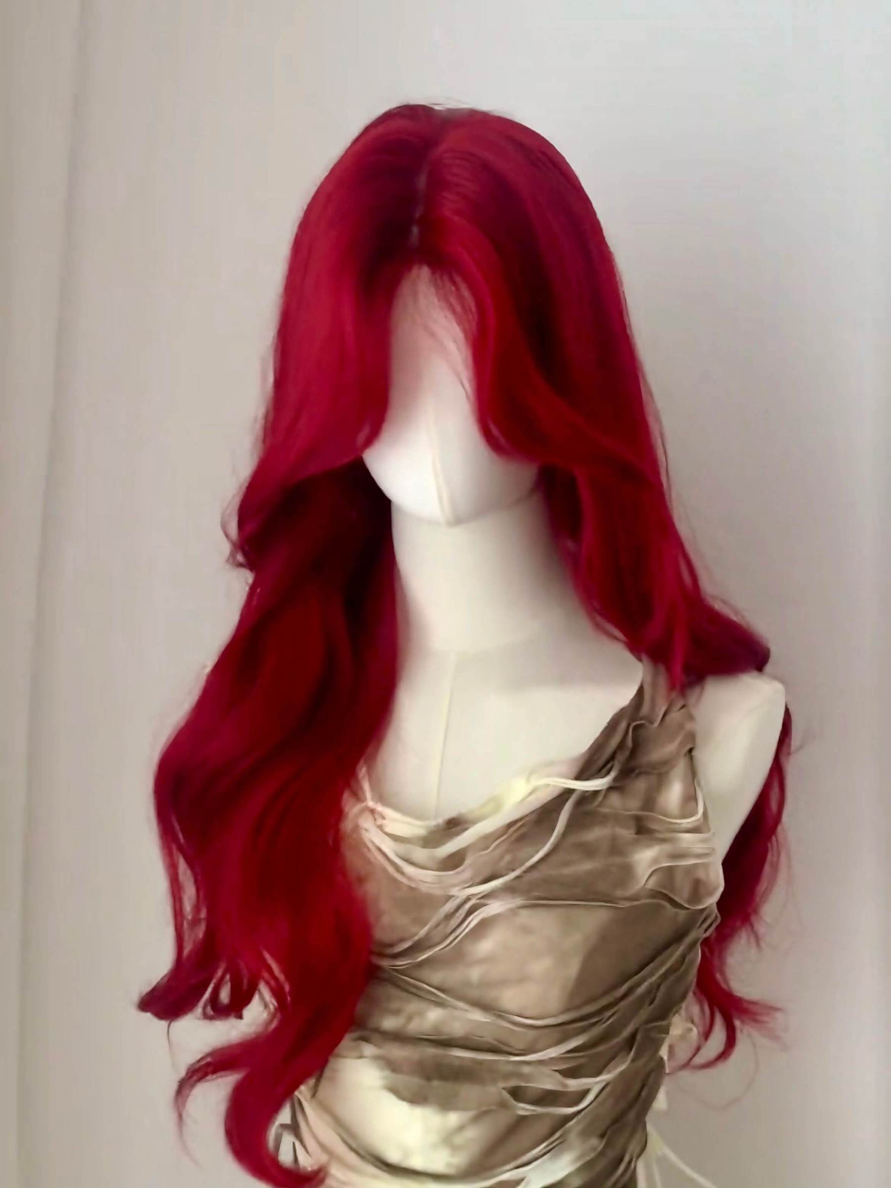 Cherry Cola 🍒 Long Wavy Wig with Curtain Bangs - Face-Framing, Heat Resistant, 65-70cm