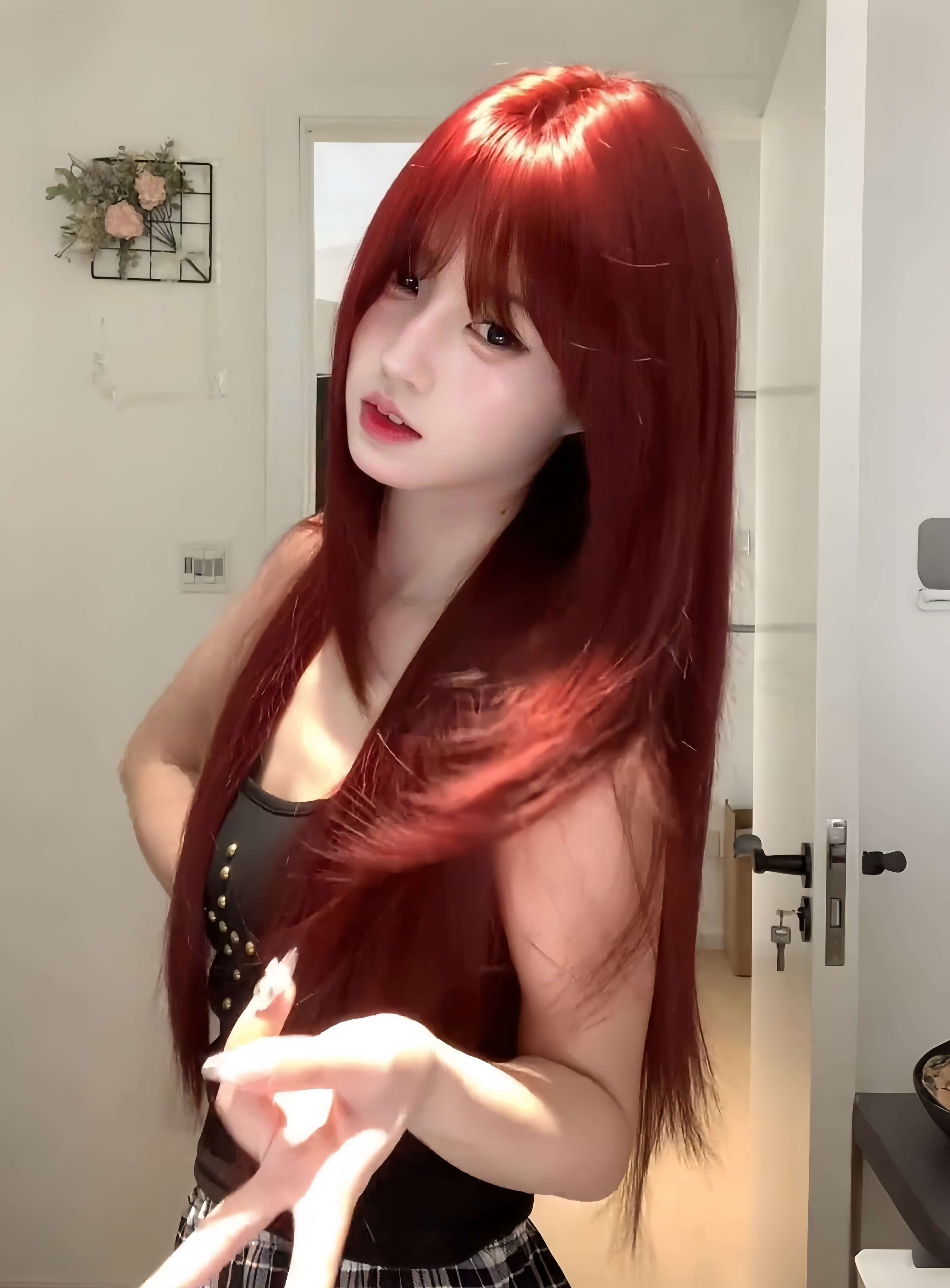 Red Wine 🍷 Long Straight Wig with Bangs – Face-Framing, Breathable Full Cap, 65–75cm