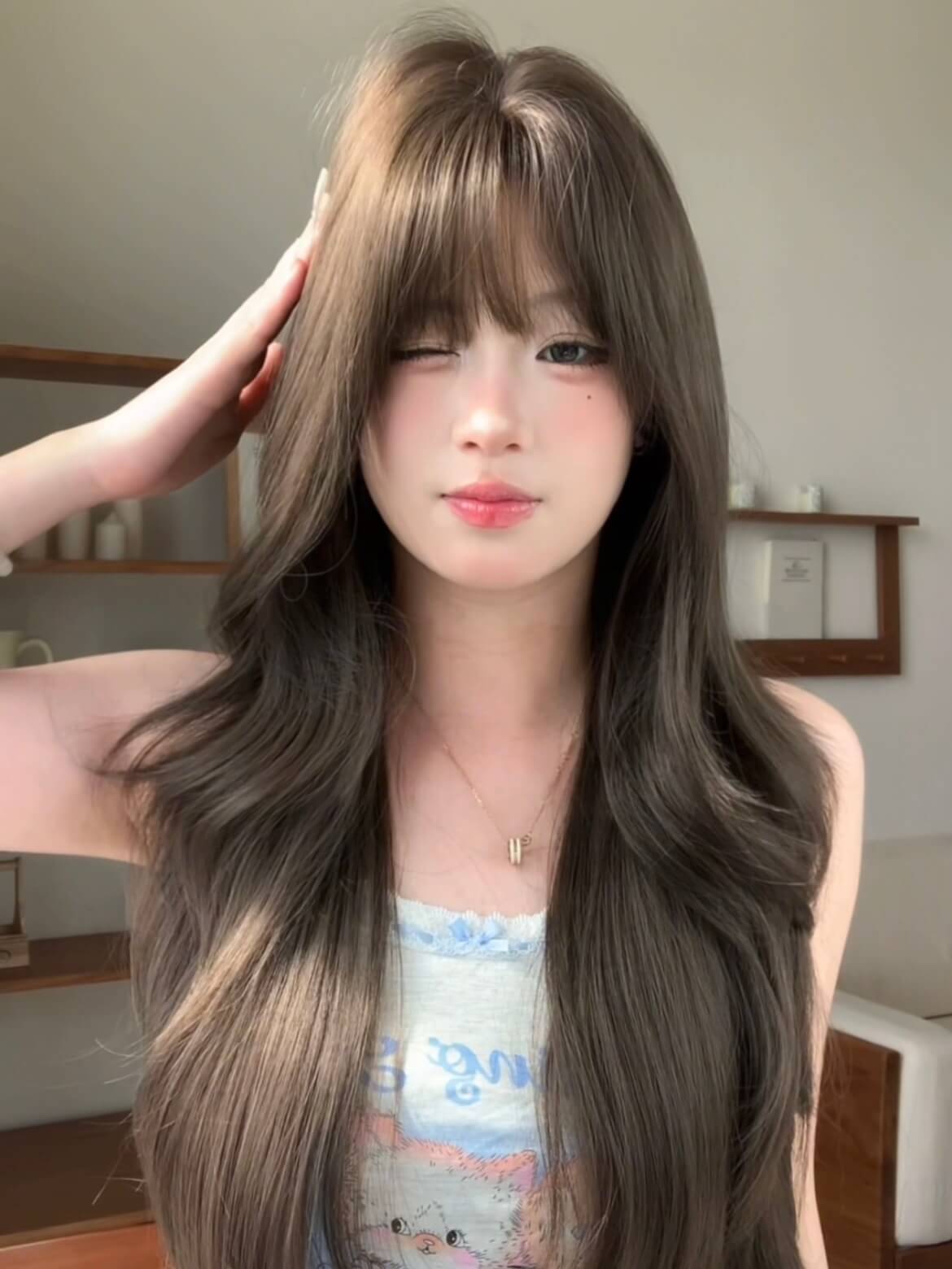 Dreamscape 🌖 Long Curly Wig with Bangs – Exclusive Design, Cool Brown, Full Cap, 60–70cm