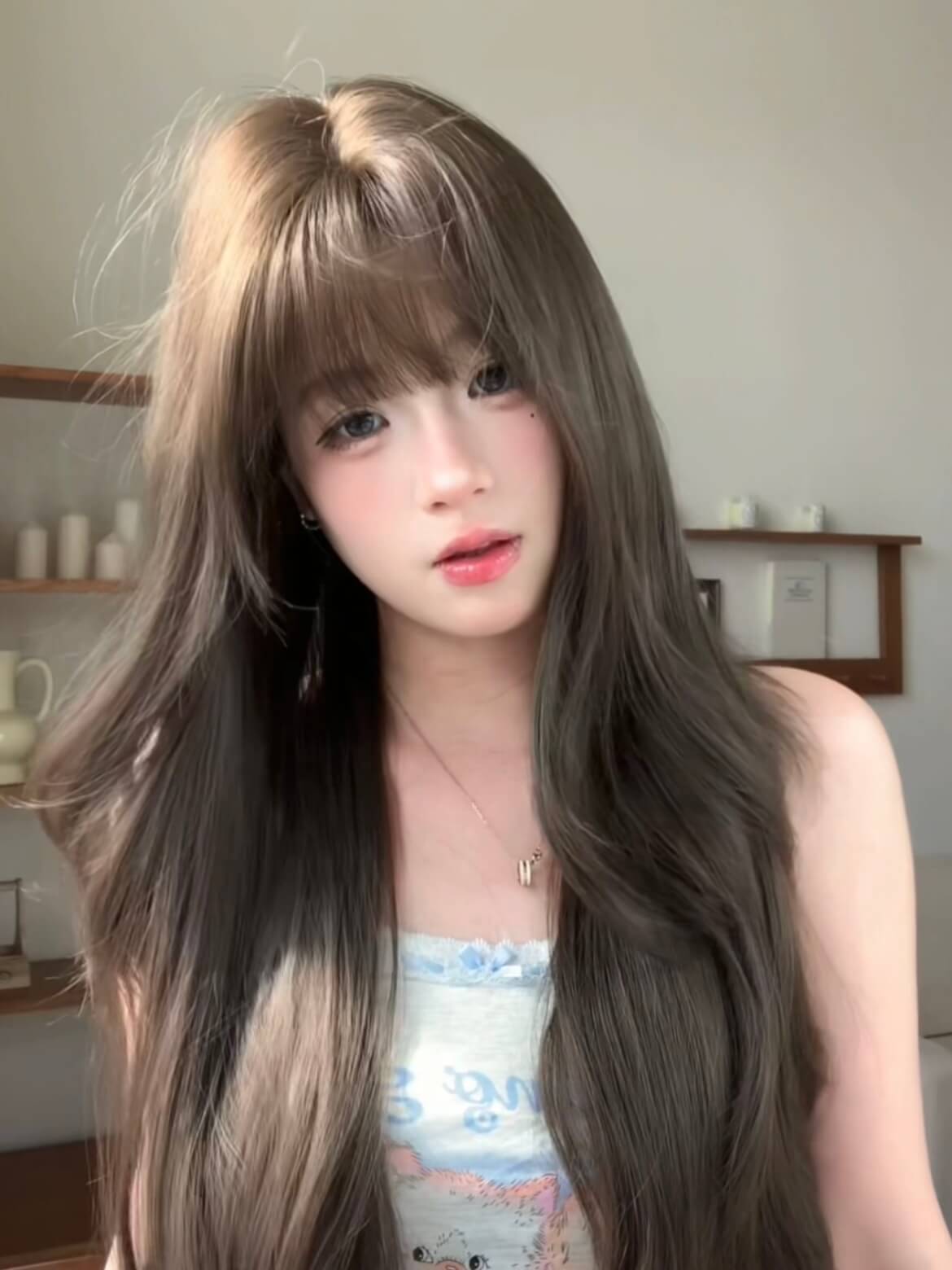 Dreamscape 🌖 Long Curly Wig with Bangs – Exclusive Design, Cool Brown, Full Cap, 60–70cm