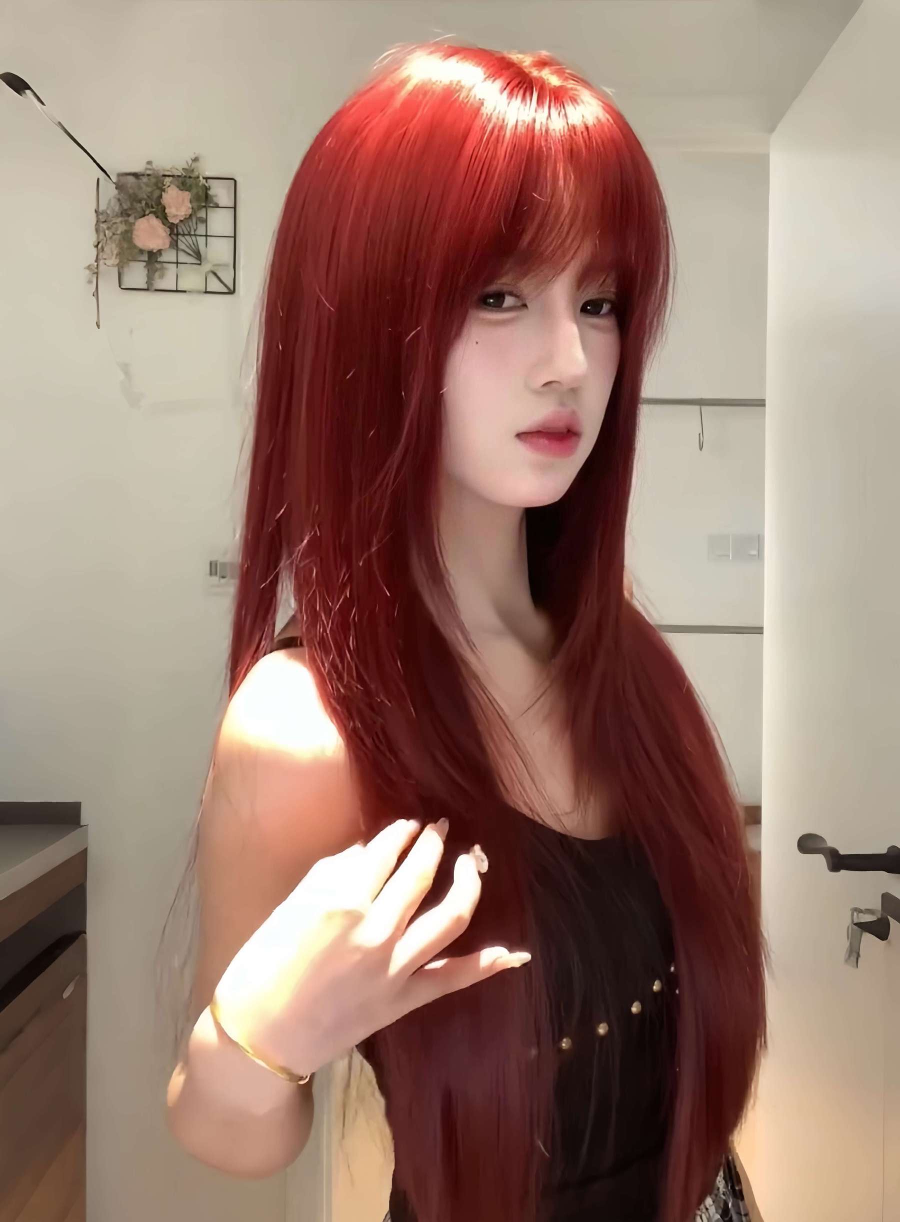 Red Wine 🍷 Long Straight Wig with Bangs – Face-Framing, Breathable Full Cap, 65–75cm