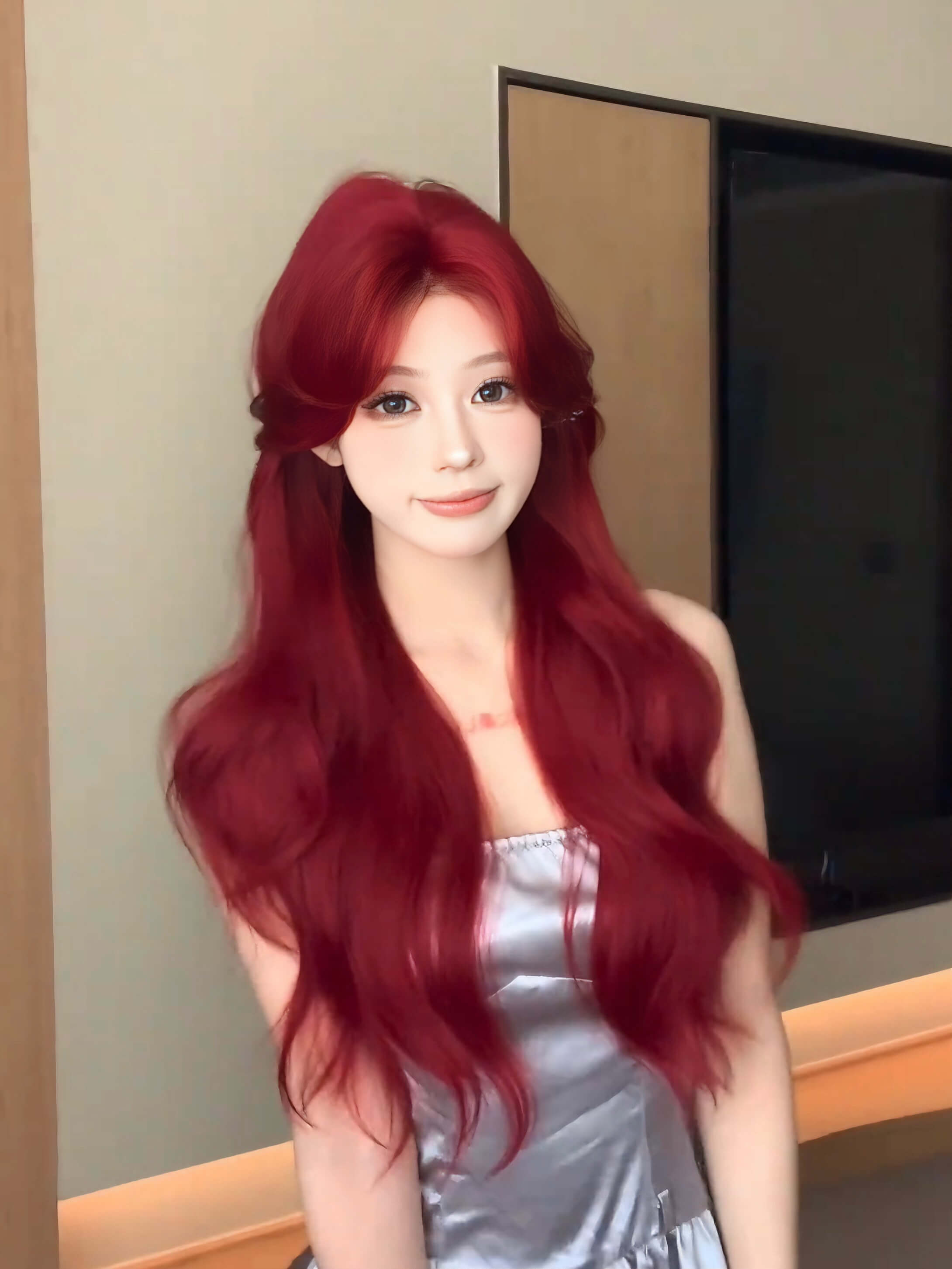 Cherry Cola 🍒 Long Wavy Wig with Curtain Bangs - Face-Framing, Heat Resistant, 65-70cm