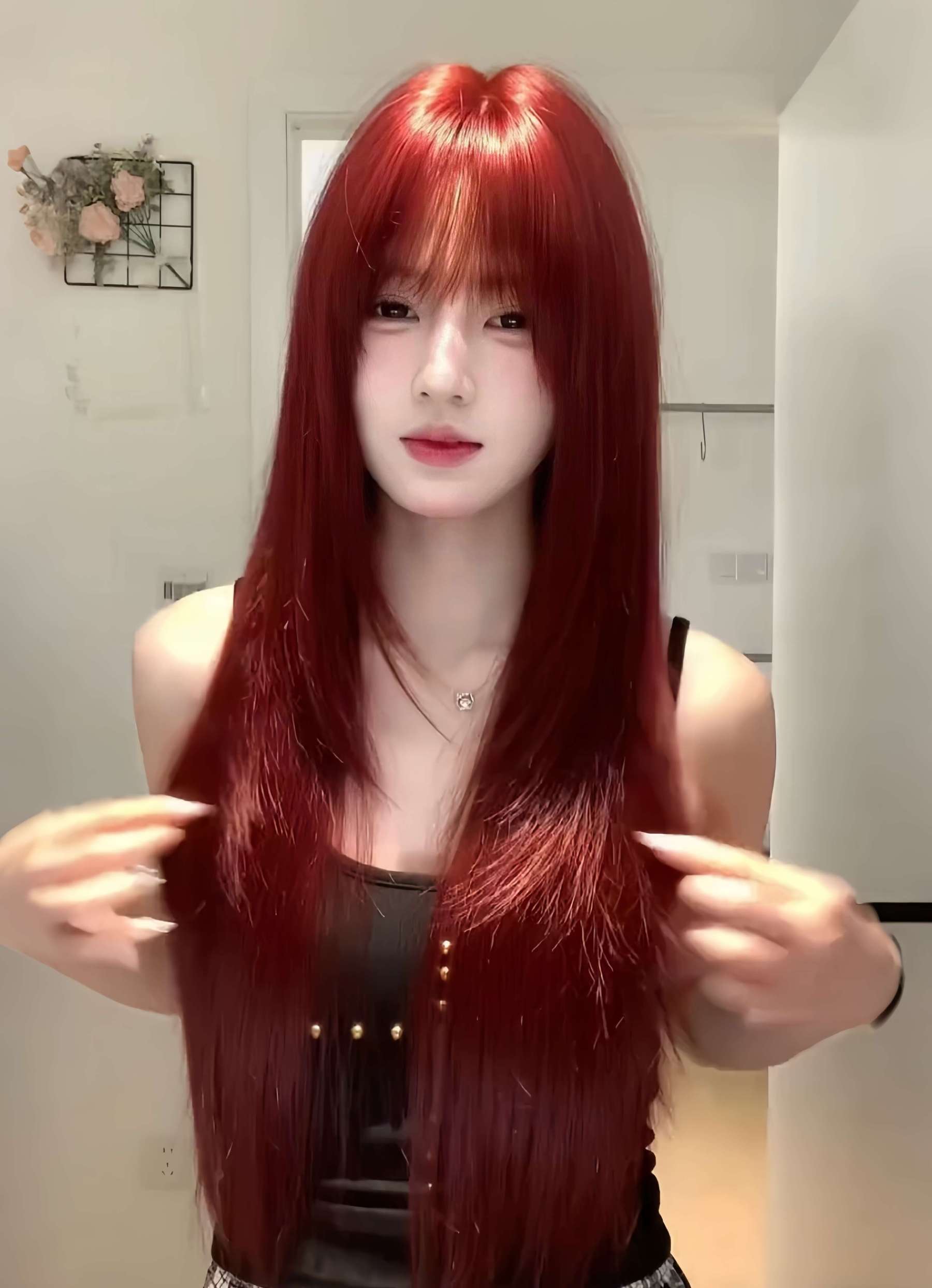 Red Wine 🍷 Long Straight Wig with Bangs – Face-Framing, Breathable Full Cap, 65–75cm