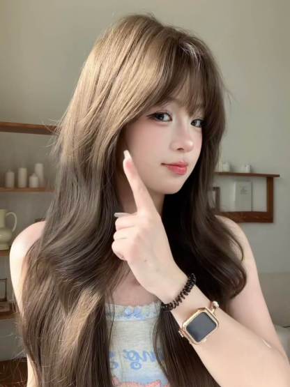 Dreamscape 🌖 Long Curly Wig with Bangs – Exclusive Design, Cool Brown, Full Cap, 60–70cm