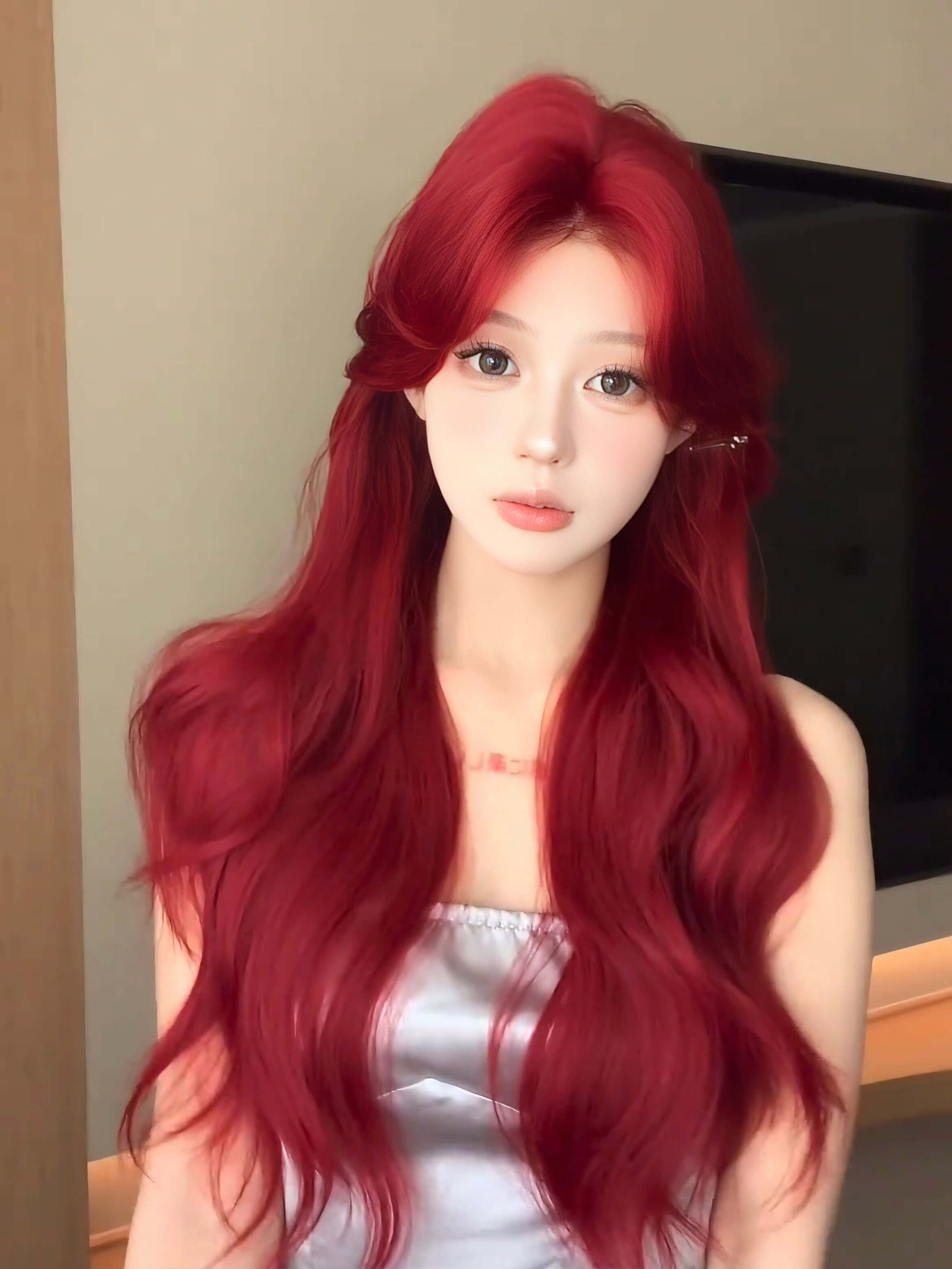 Cherry Cola 🍒 Long Wavy Wig with Curtain Bangs - Face-Framing, Heat Resistant, 65-70cm