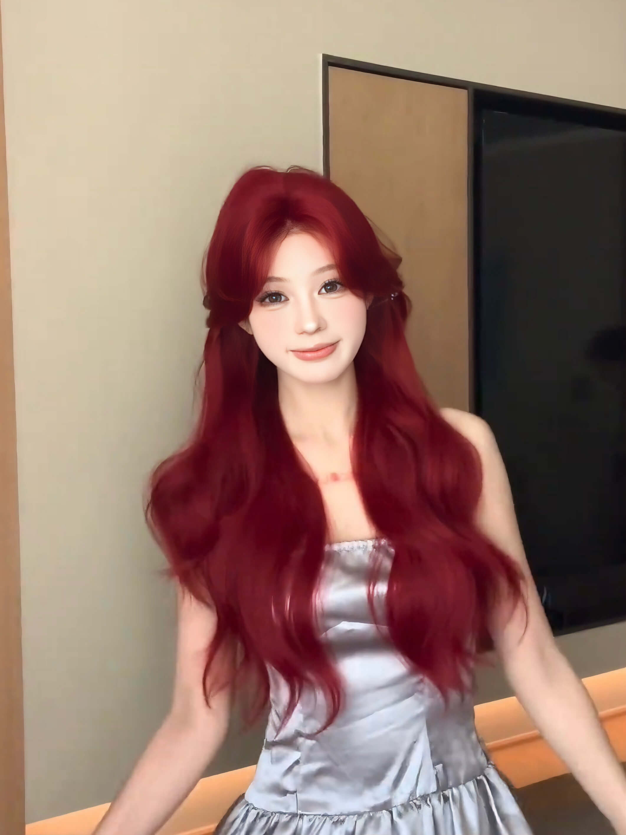 Cherry Cola 🍒 Long Wavy Wig with Curtain Bangs - Face-Framing, Heat Resistant, 65-70cm