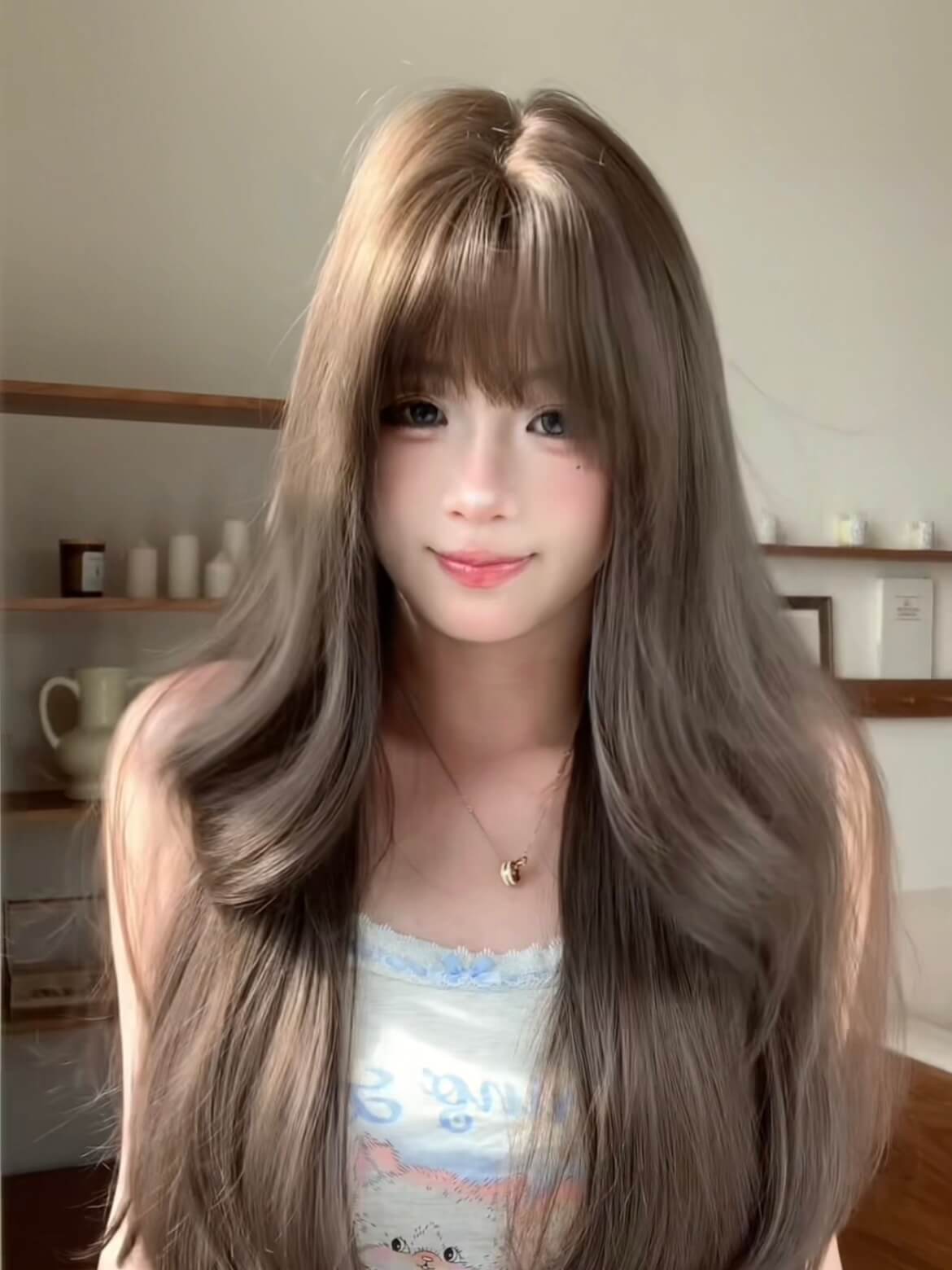 Dreamscape 🌖 Long Curly Wig with Bangs – Exclusive Design, Cool Brown, Full Cap, 60–70cm