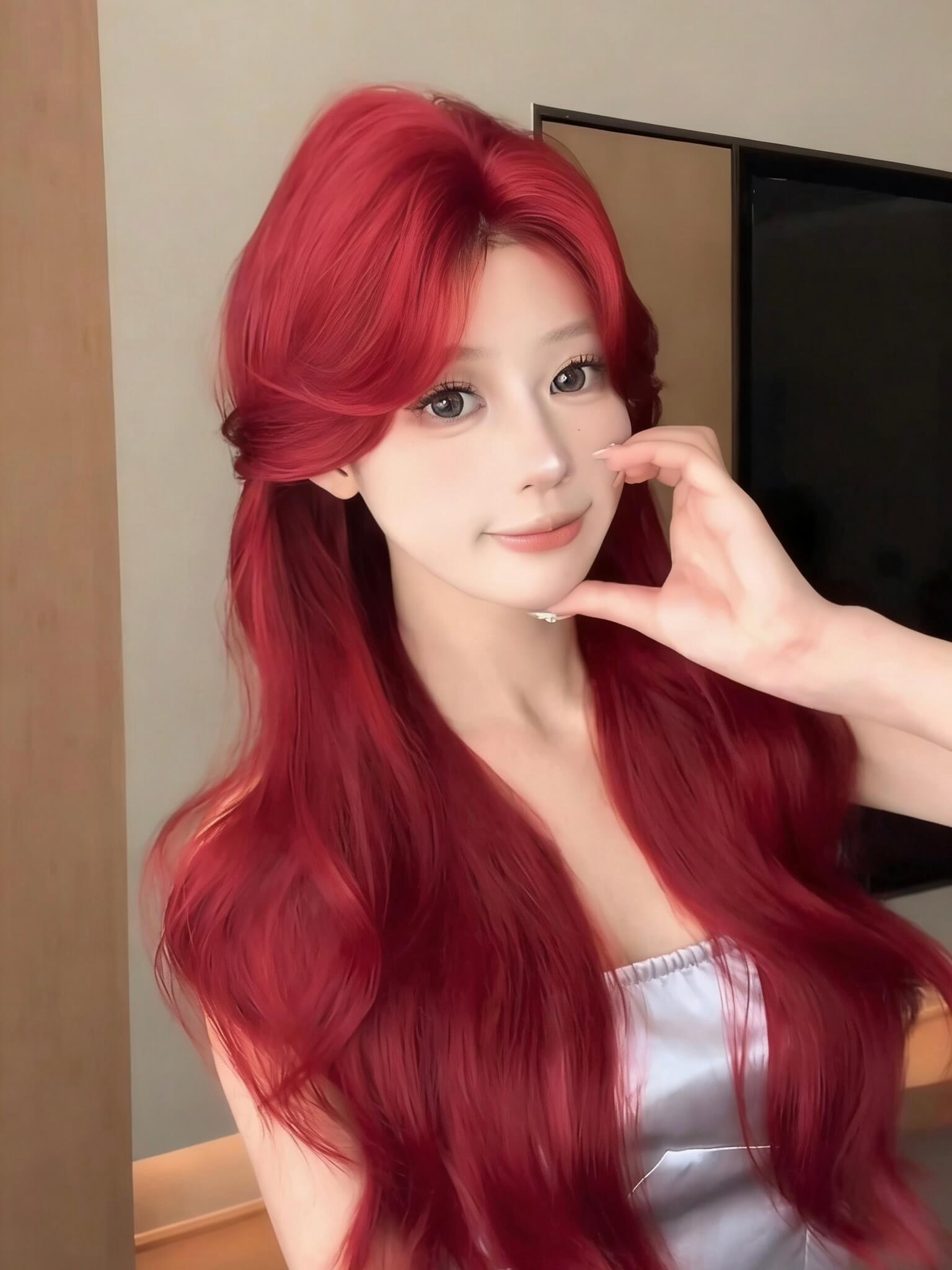 Cherry Cola 🍒 Long Wavy Wig with Curtain Bangs - Face-Framing, Heat Resistant, 65-70cm